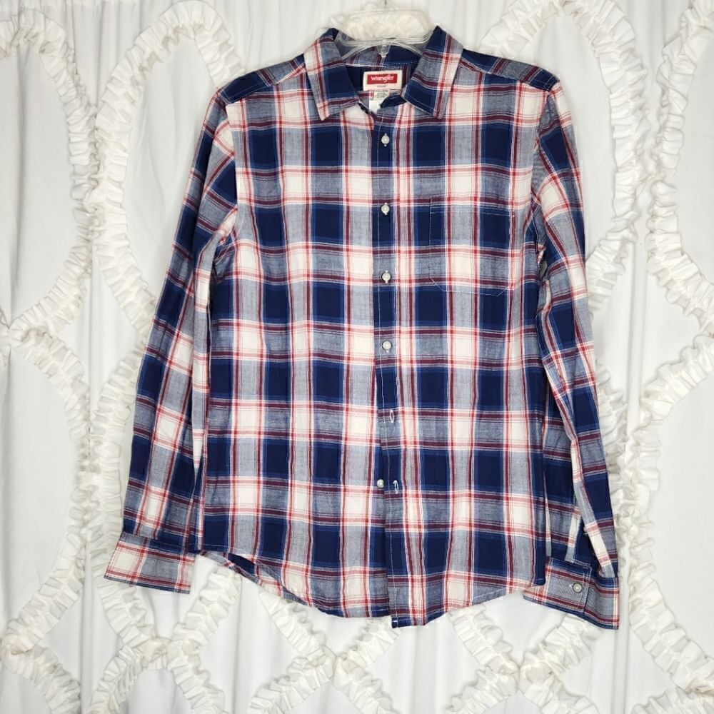 New XXL 18-20 Boys Wrangler Western Long-sleeve Red/Blue Plaid Button Shirt